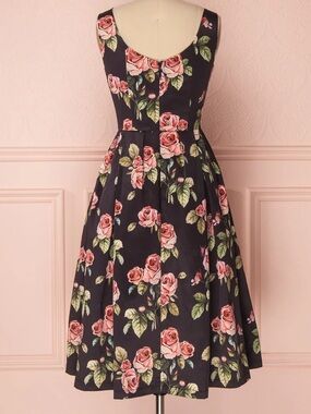 Boutique 1861 Sleeveless Fitted A-Line Midi Dress Black+Pink Rose Print Sz S